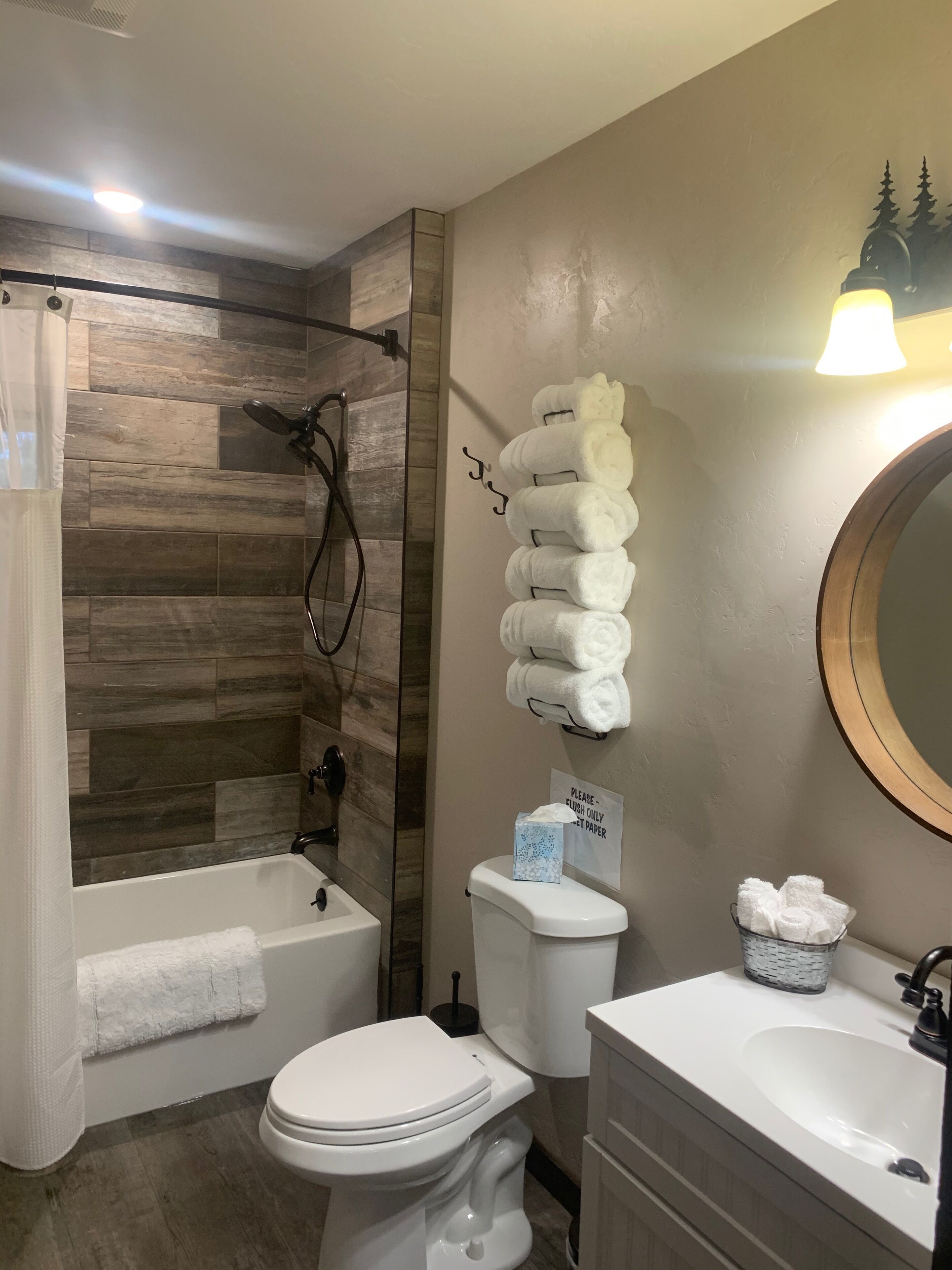 Combined shower/tub, hair dryer, towels, soap