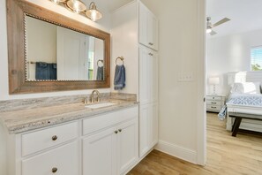 Hair dryer, towels, soap, shampoo