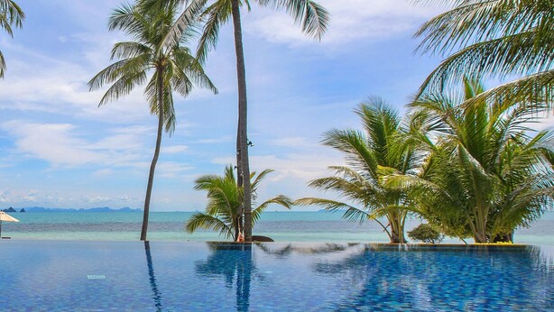 An infinity pool with palm trees and a view of the ocean. - Baan Kilee (Koh Samui)