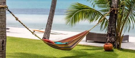 A hammock tied between palm trees on a grassy area with a beach and ocean in the background.