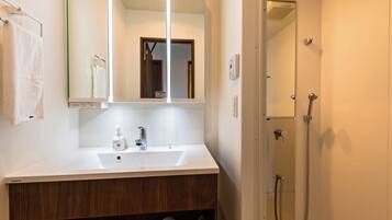 A bathroom with a white sink, a mirror, and a shower.