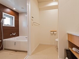 Separate tub and shower, free toiletries, hair dryer, slippers
