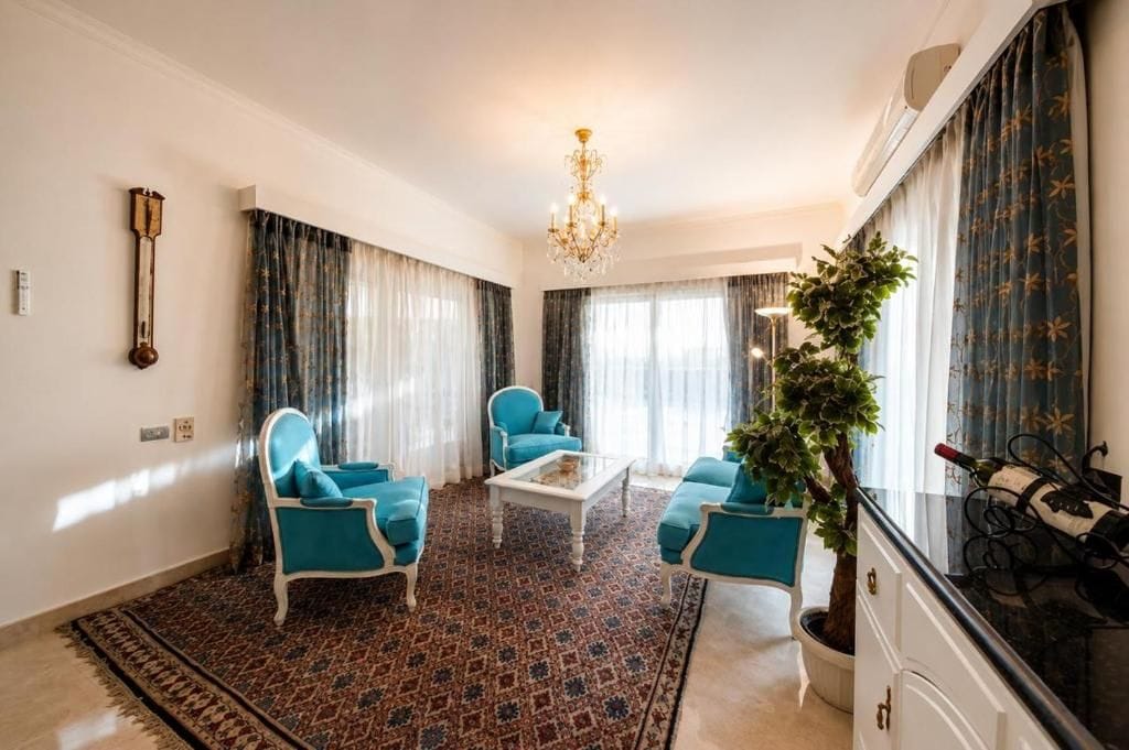 A room with a patterned carpet, a chandelier, and a potted plant.