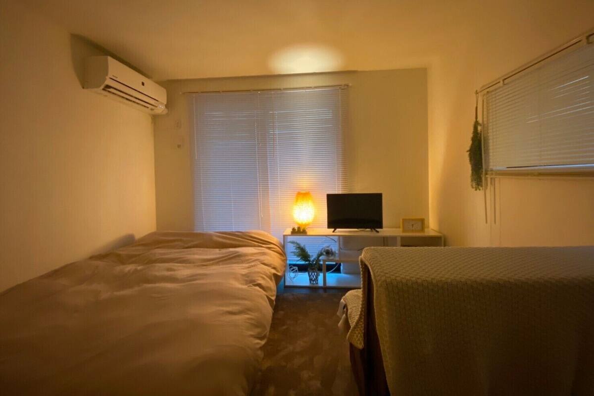A hotel room with two beds, a TV, a lamp, and an air conditioning unit.