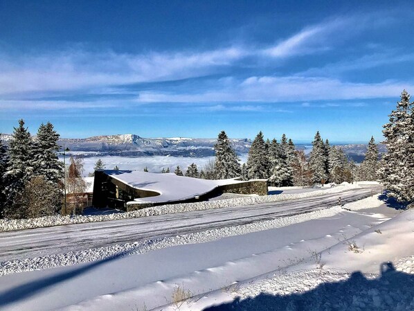 A snow-covered landscape with a road, trees, and a building with a sloped roof.