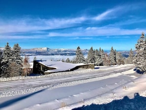 Surrounded by serene snow-covered mountains and trees, this winter wonderland offers breathtaking views.