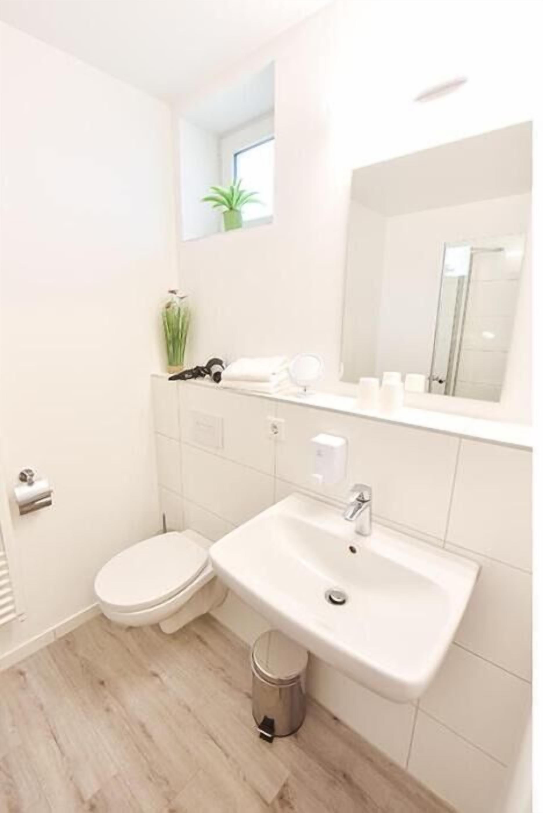 A modern bathroom with a toilet, sink, and mirror.