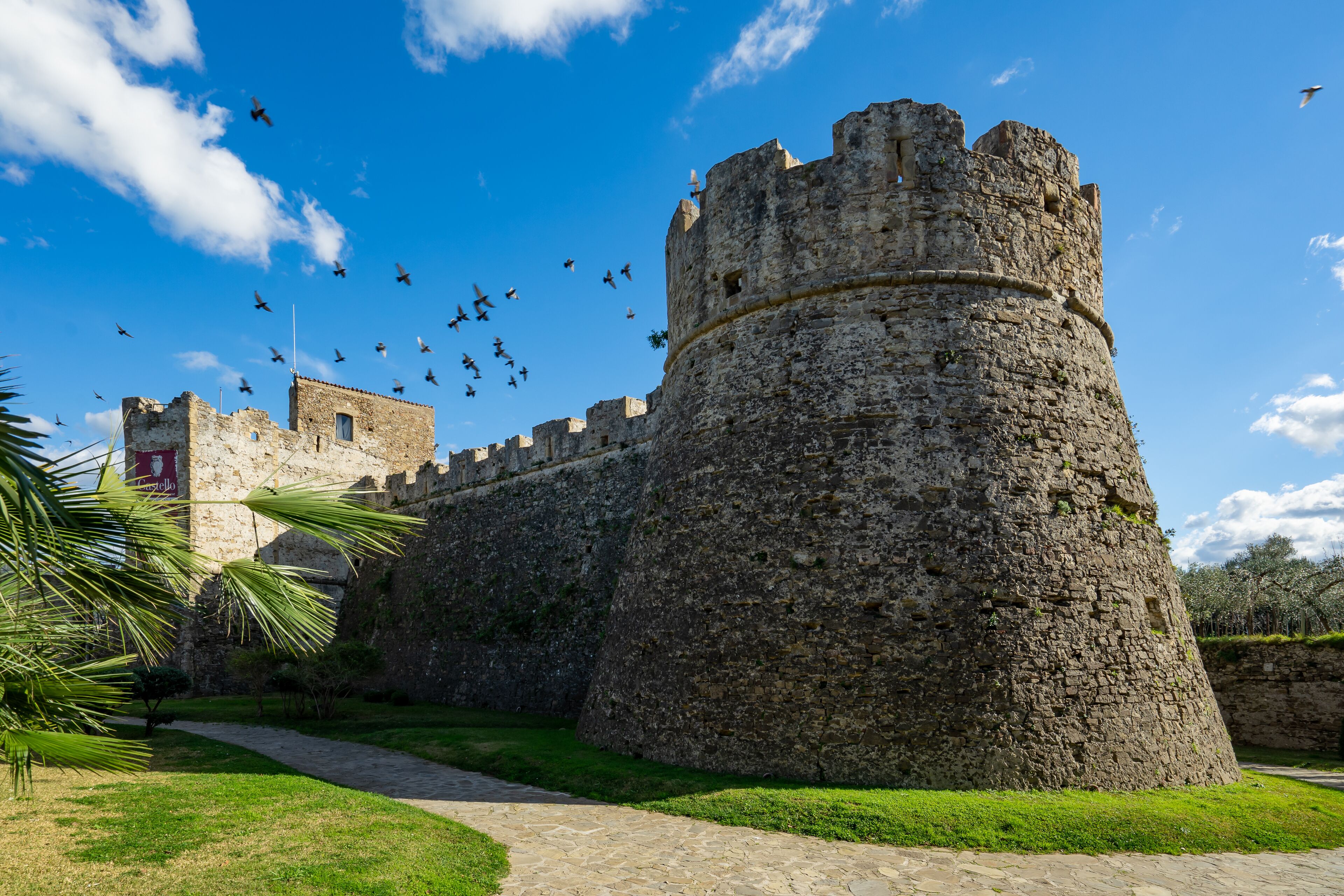A historic stone castle with a fortified wall, a pathway, and a palm tree.