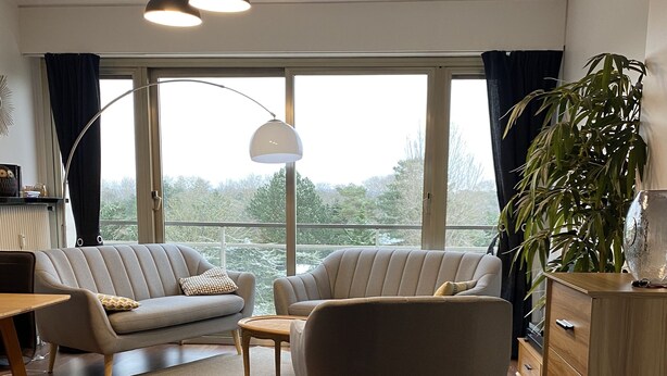 Una sala de estar moderna con un sofá, un sillón y un mueble de madera.