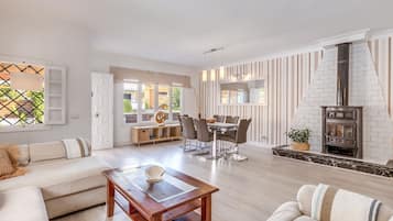 Televisio, takka, DVD-soitin, stereot