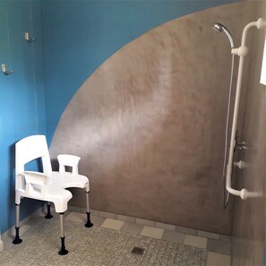 Regadera, secadora de cabello, papel de baño