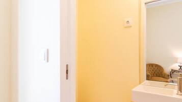 Shower, hair dryer, soap, toilet paper