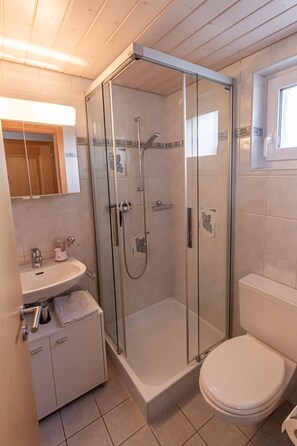 Douche, séchoir à cheveux, serviettes fournies, savon
