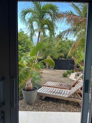 A view of a tropical garden with palm trees, a wooden deck, and a potted plant.