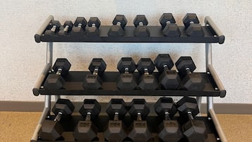A three-tiered dumbbell rack with weights.