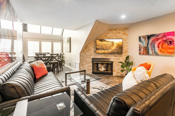 Smart TV, fireplace, books