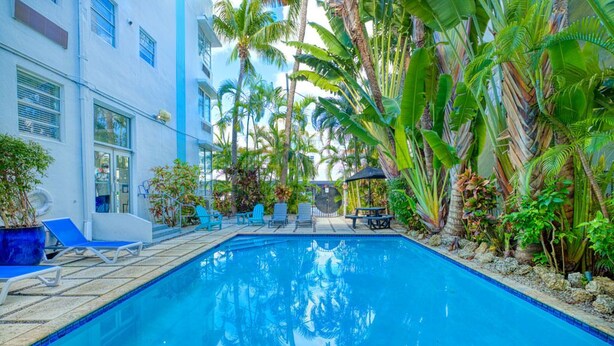 A swimming pool surrounded by palm trees and lounge chairs.