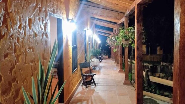 Un pasillo al aire libre cubierto, con vigas de madera, suelo de baldosas y plantas en macetas.