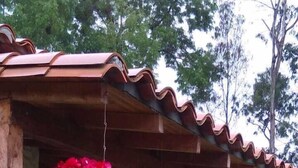 Una estructura de madera rústica con techo de tejas, una maceta colgante con flores rojas y un pájaro blanco en el suelo.