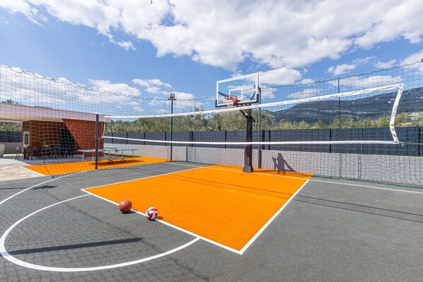 En utomhusbasketplan med en korg, en basketboll och en volleyboll.