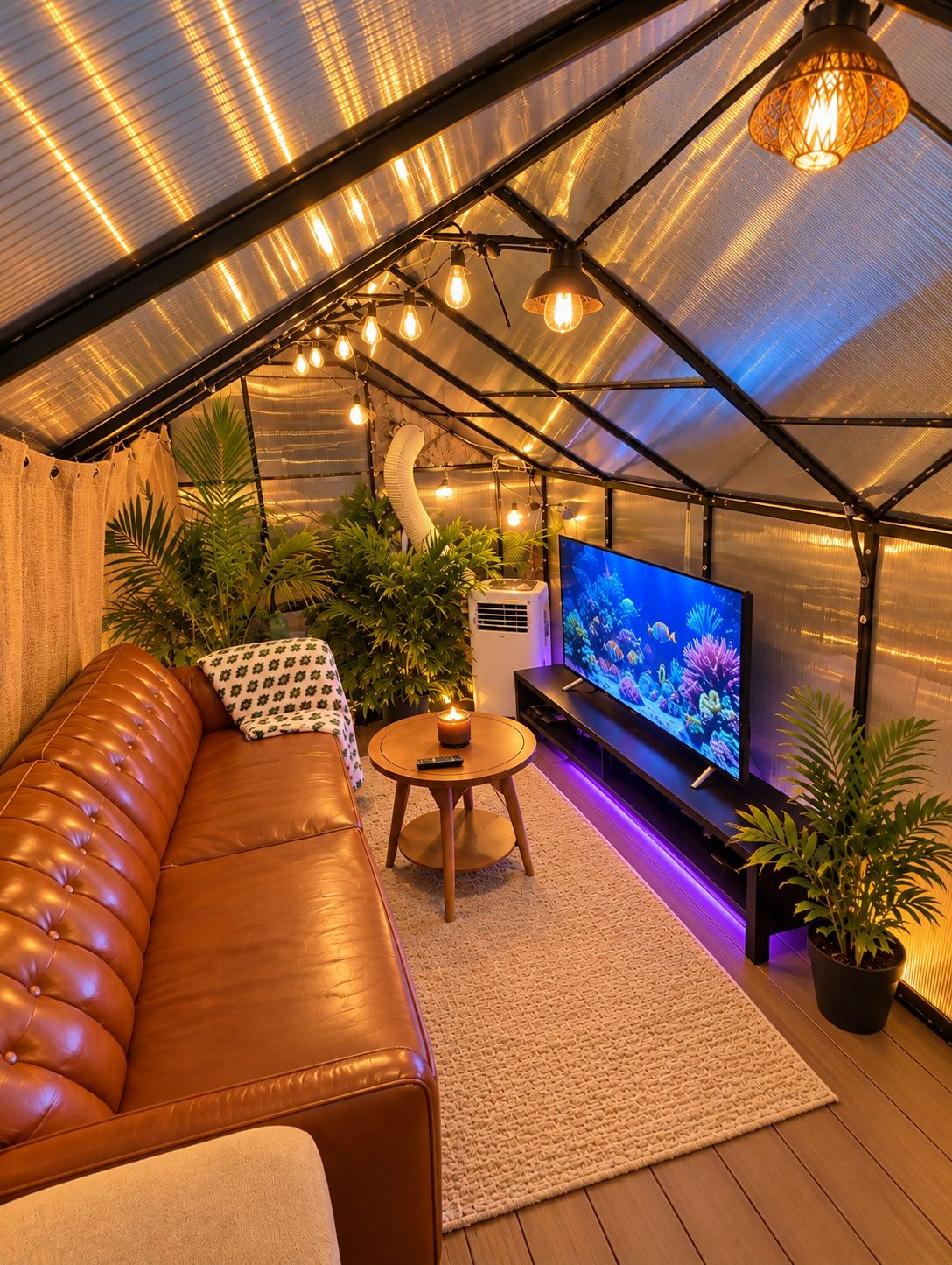 A cozy room with a leather sofa, a television, and a small table with a candle.