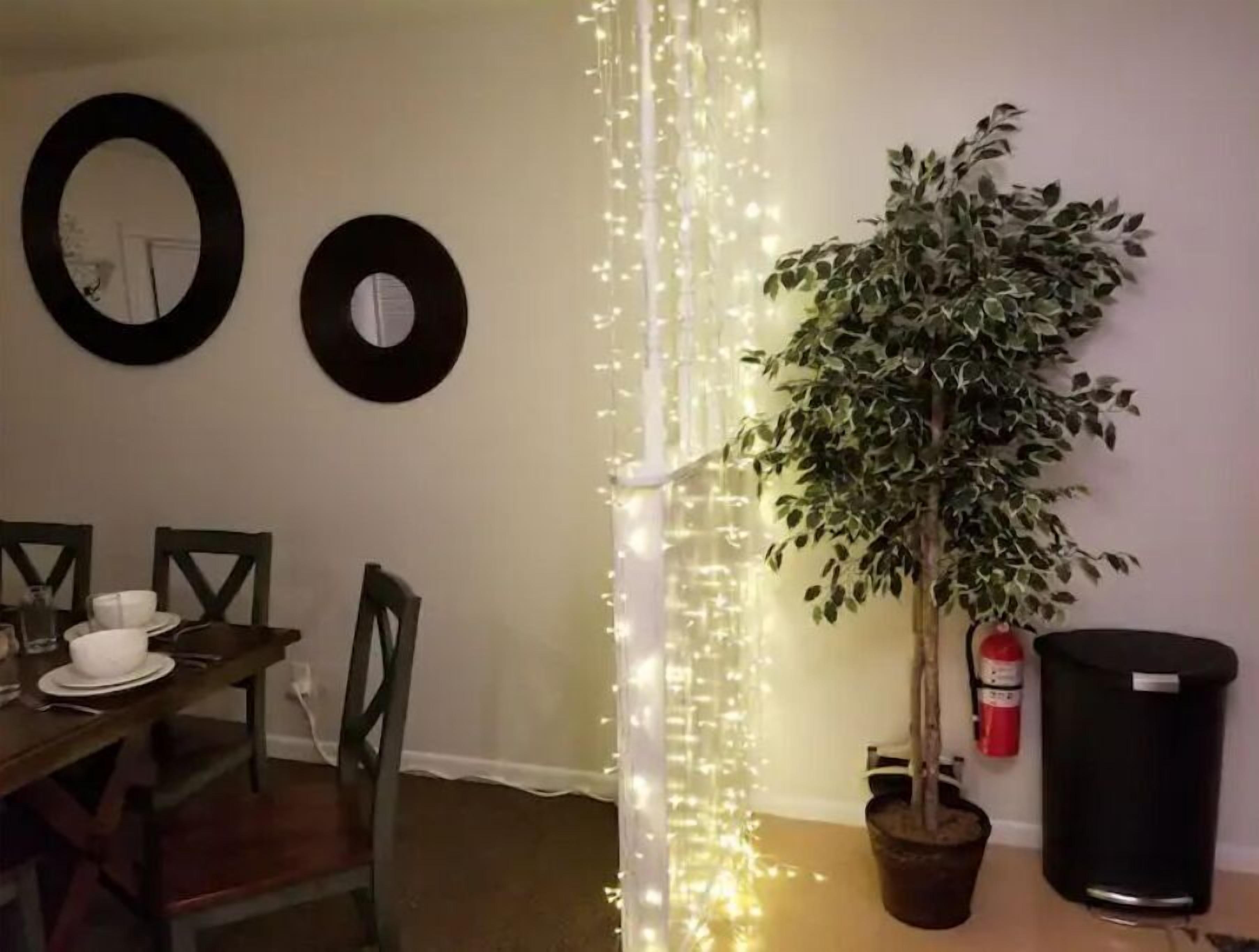 A dining area with a table set for two, two chairs, a potted plant, and decorative string lights.