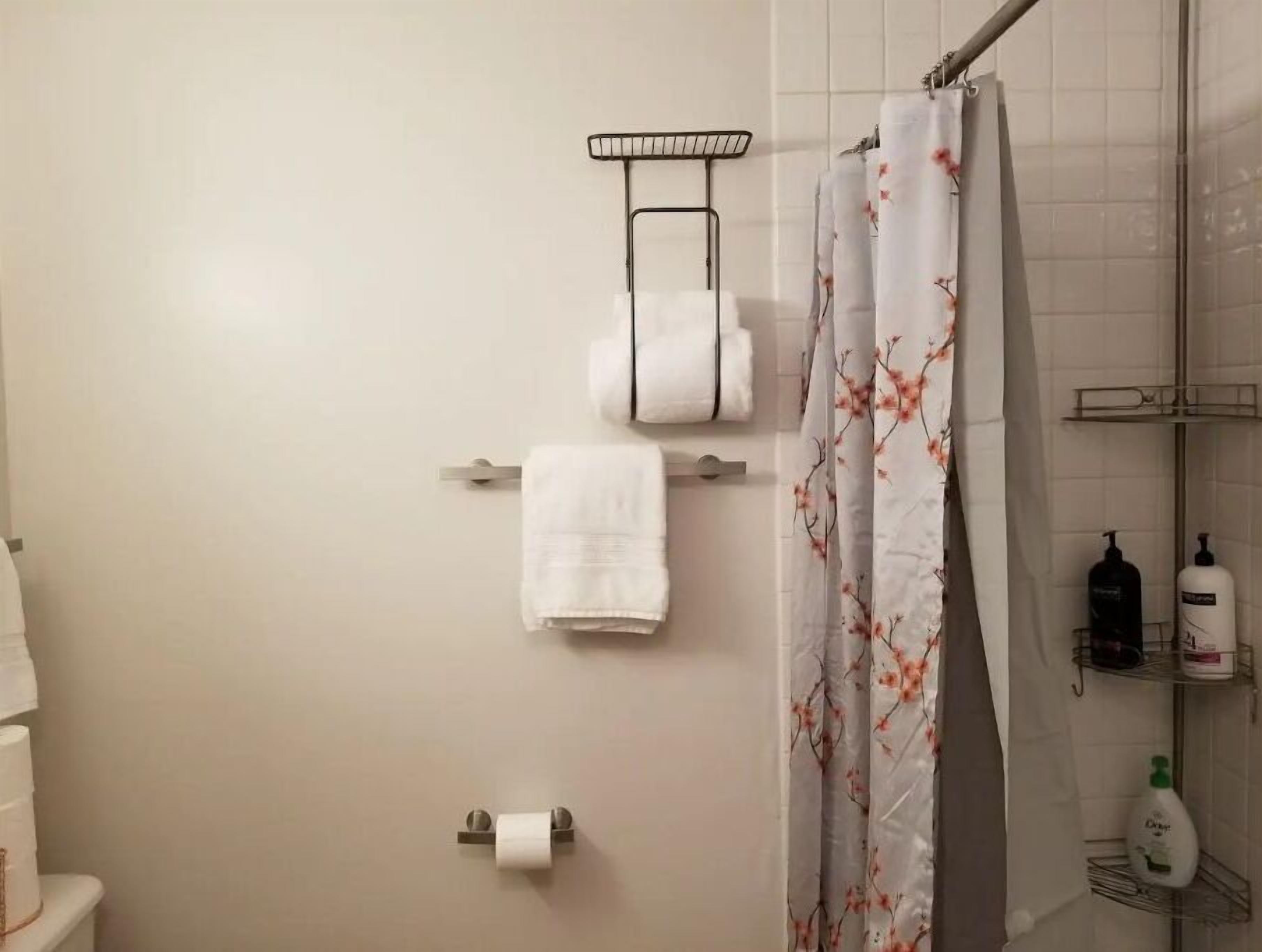 A bathroom with a shower curtain, two towels, a toilet paper holder, and toiletries on a shelf.