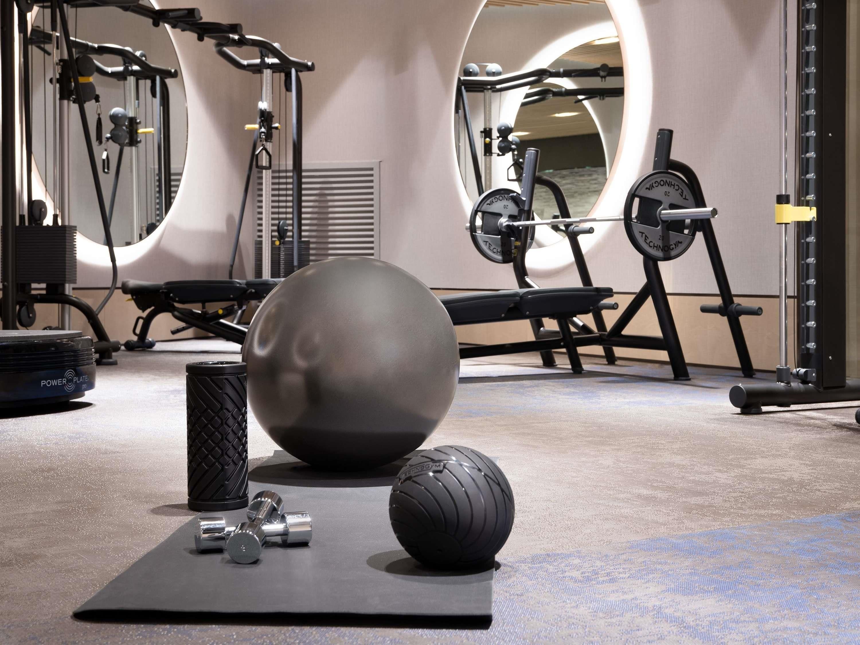A gym with exercise equipment, a large exercise ball, and dumbbells on a mat.