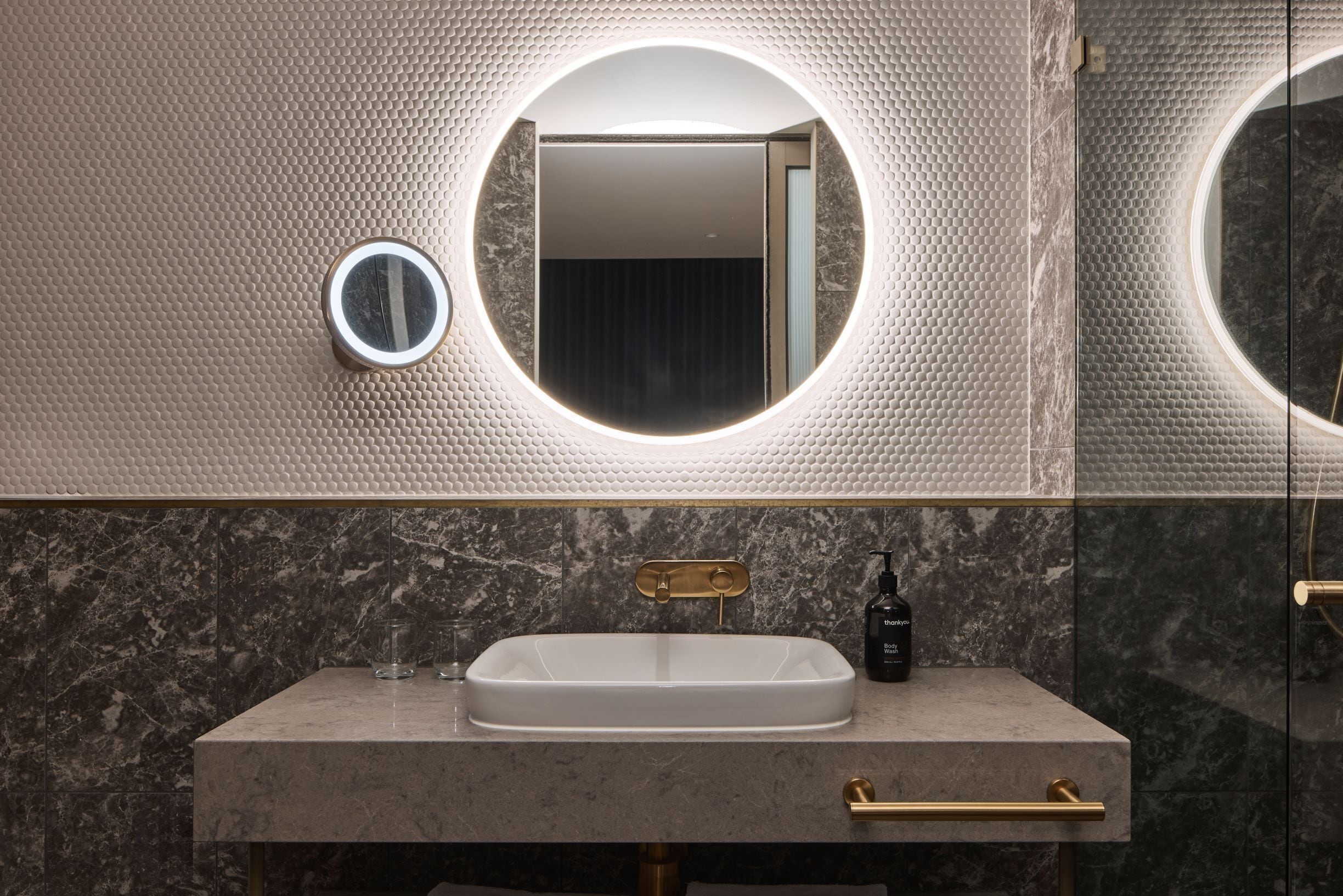 deluxe two bedroom king apartment | bathroom | shower, rainfall showerhead, free toiletries, hair dryer