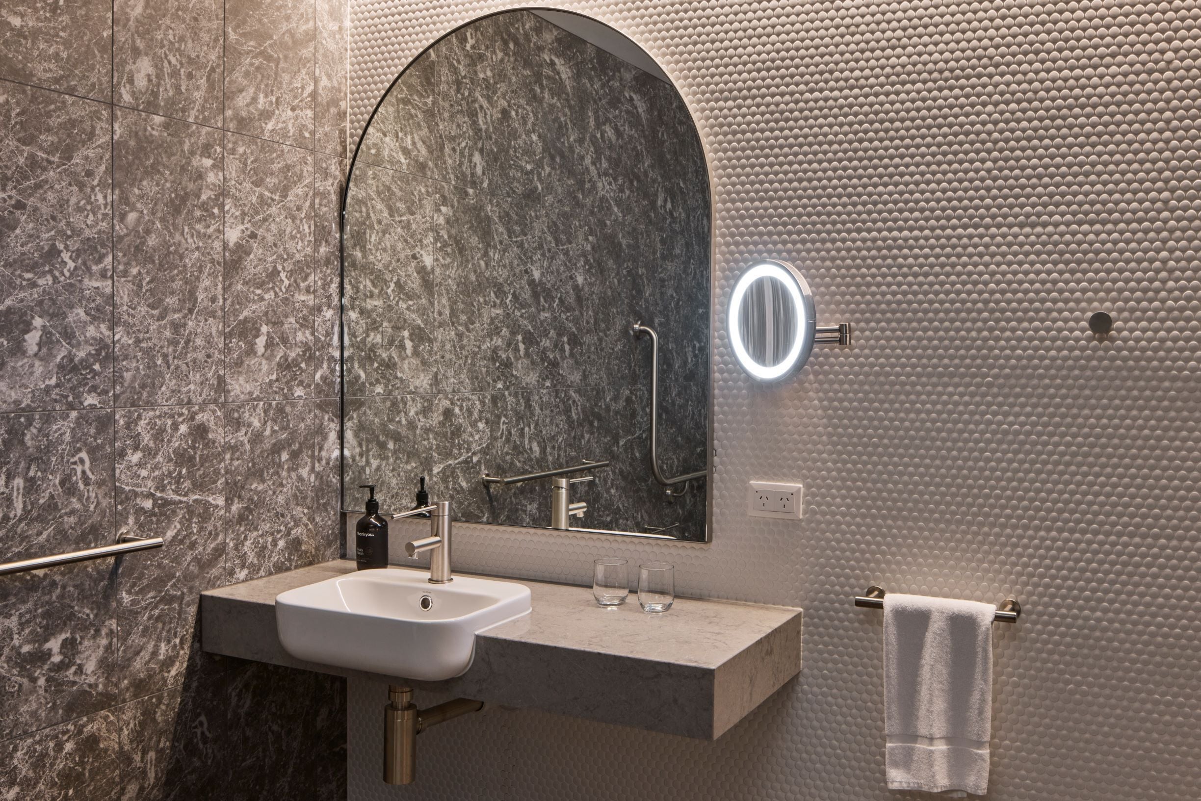 accessible king room | bathroom | shower, rainfall showerhead, free toiletries, hair dryer