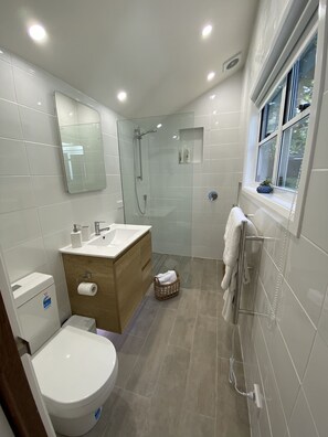 Shower, hair dryer, towels, toilet paper