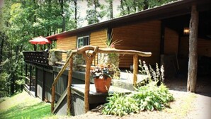 A wooden cabin with a covered porch, a red umbrella, and a potted plant. - Special…rent 2 nights get the 3rd night…FREE! (Champion)