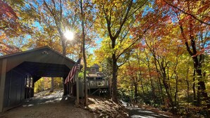 A covered pavilion with an American flag, surrounded by trees with autumn foliage. - WINDSONG! Peaceful, Quiet Cabin Bordering Nat. Park Near Downtown Gatlinburg (Gatlinburg)