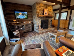 Smart TV, fireplace, books