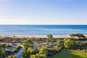 Un paysage côtier avec une plage, de la végétation et un ciel dégagé.