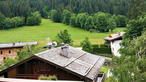 Eine rustikale Holzhütte mit geneigtem Dach, umgeben von einem üppigen grünen Tal und dichtem Wald.
