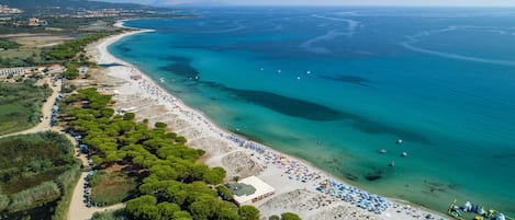Beach nearby, white sand, beach umbrellas