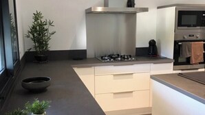 Une cuisine moderne équipée d’une cuisinière à gaz, d’un four encastré et d’une hotte en acier inoxydable. On peut y voir des plantes en pot sur le plan de travail et une sculpture de chat noir sur la hotte.