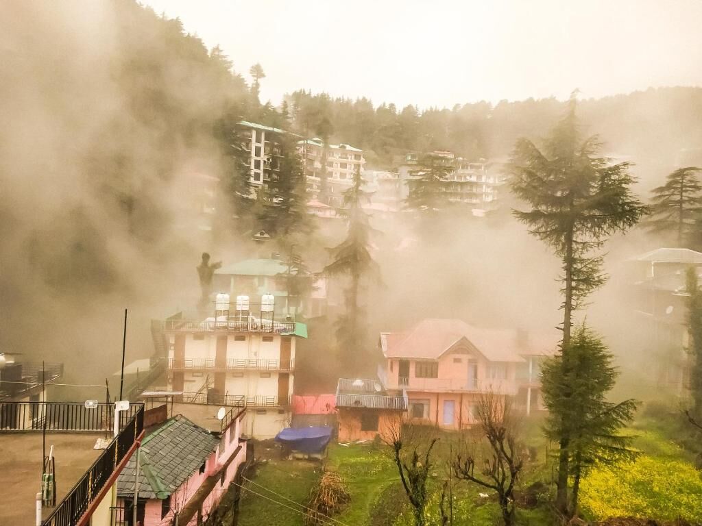 A residential area with houses surrounded by trees and a mountainous backdrop.