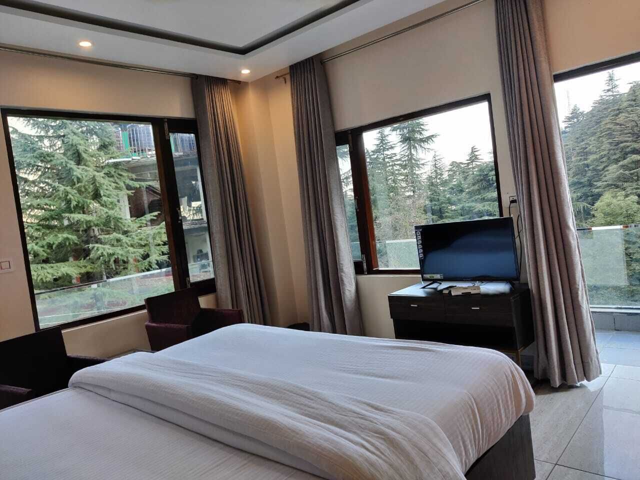 Een moderne hotelkamer met een groot bed, een televisie op een bureau en een balkon met uitzicht op bomen.