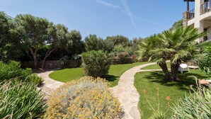Ein angelegter Garten mit einem Kiesweg, verschiedenen Sträuchern und einer Palme.