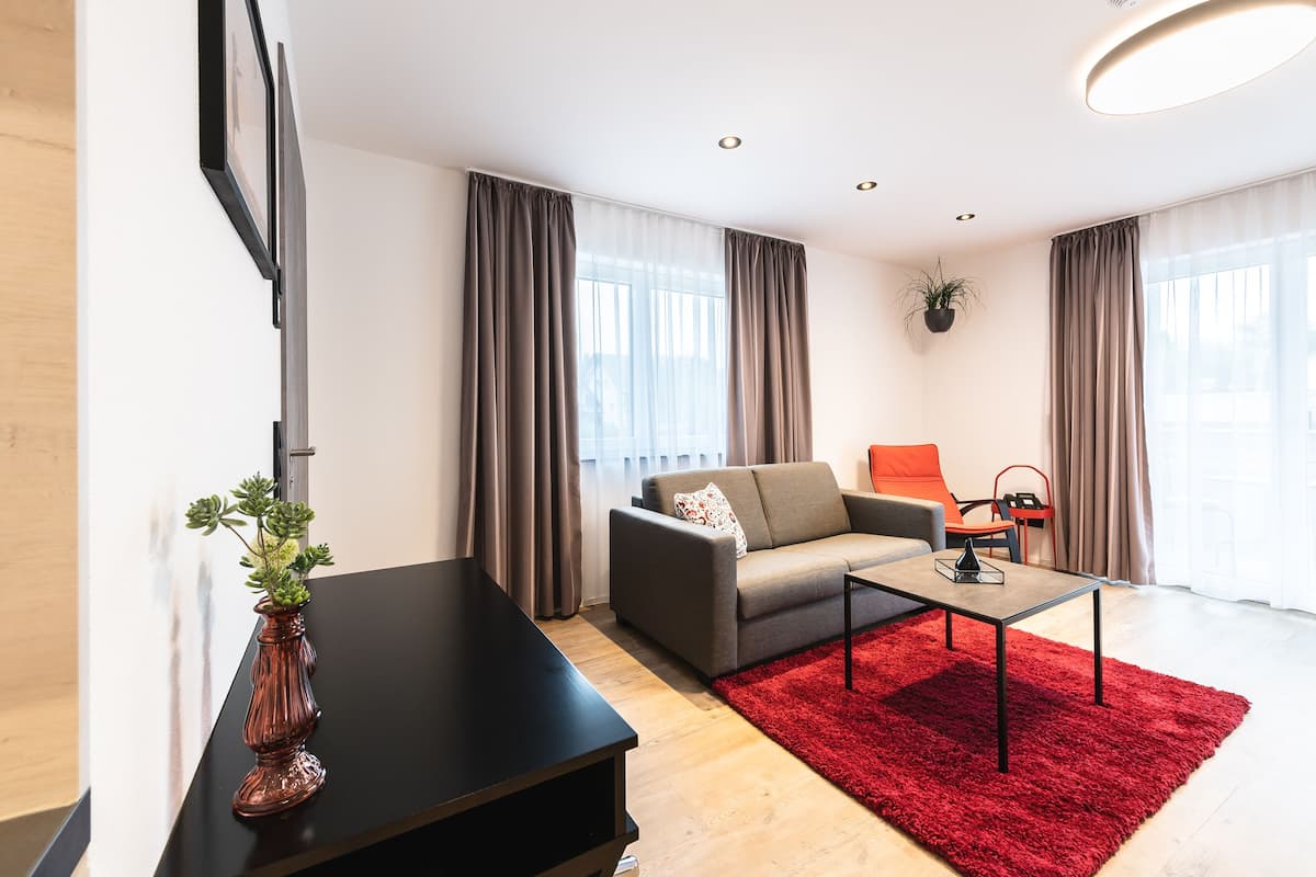 A modern living room with a sofa, coffee table, and red rug.