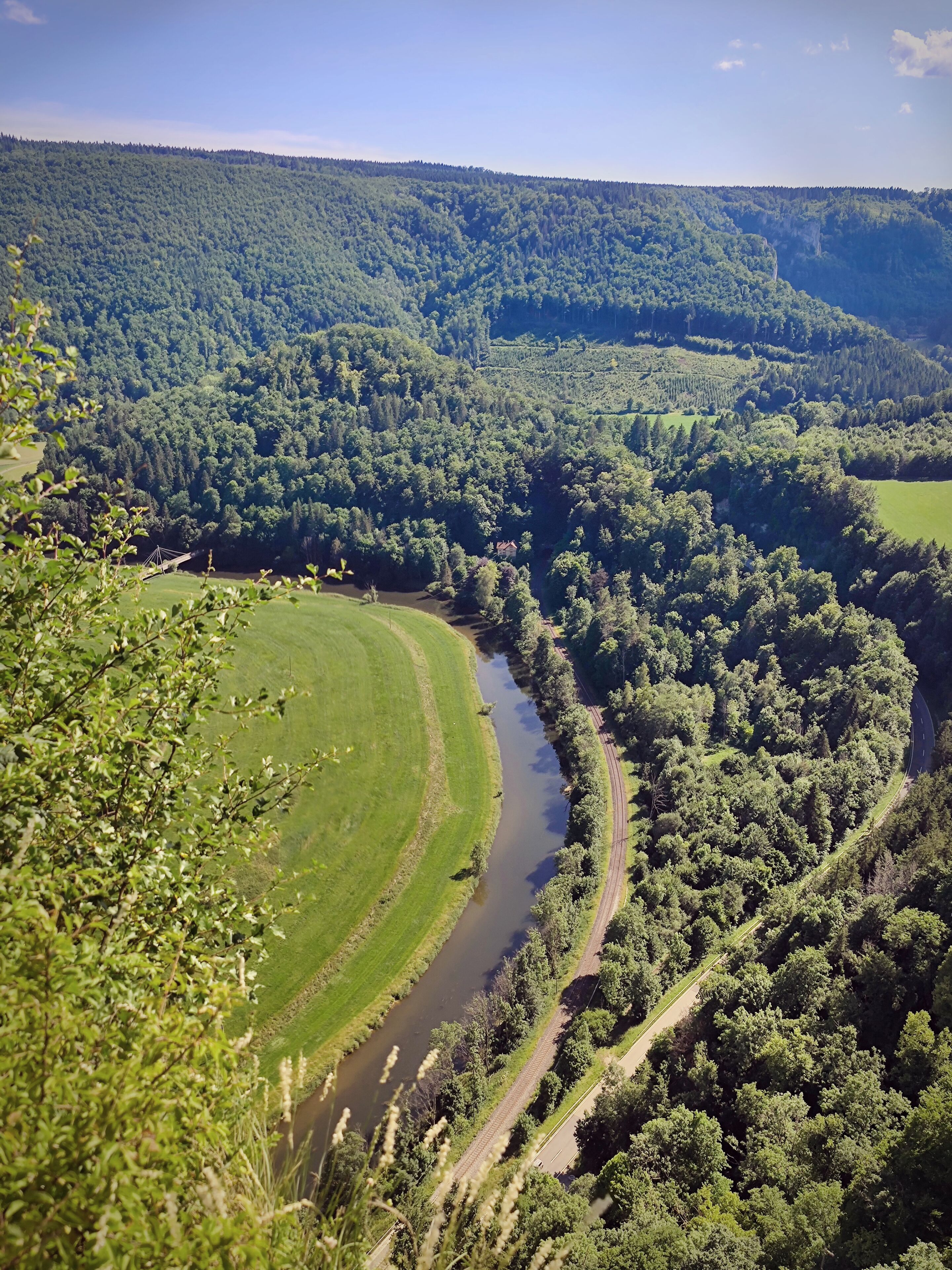 Eine Vogelperspektive zeigt einen Fluss, der sich durch ein bewaldetes Tal schlängelt, begleitet von einer gewundenen Straße.
