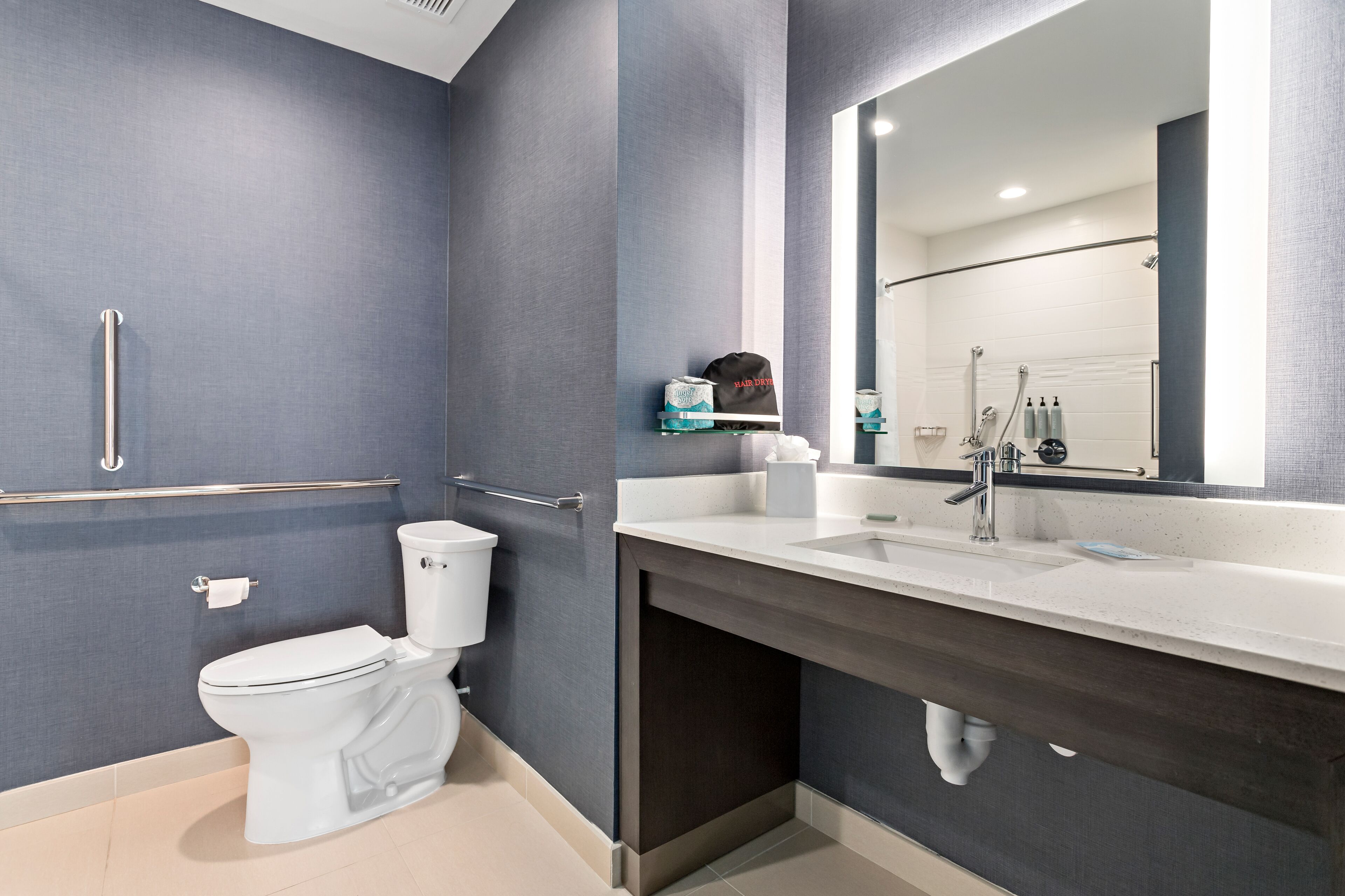 separate bathtub and shower, free toiletries, hair dryer, towels