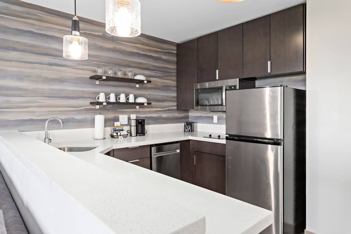 fridge, microwave, stovetop, dishwasher