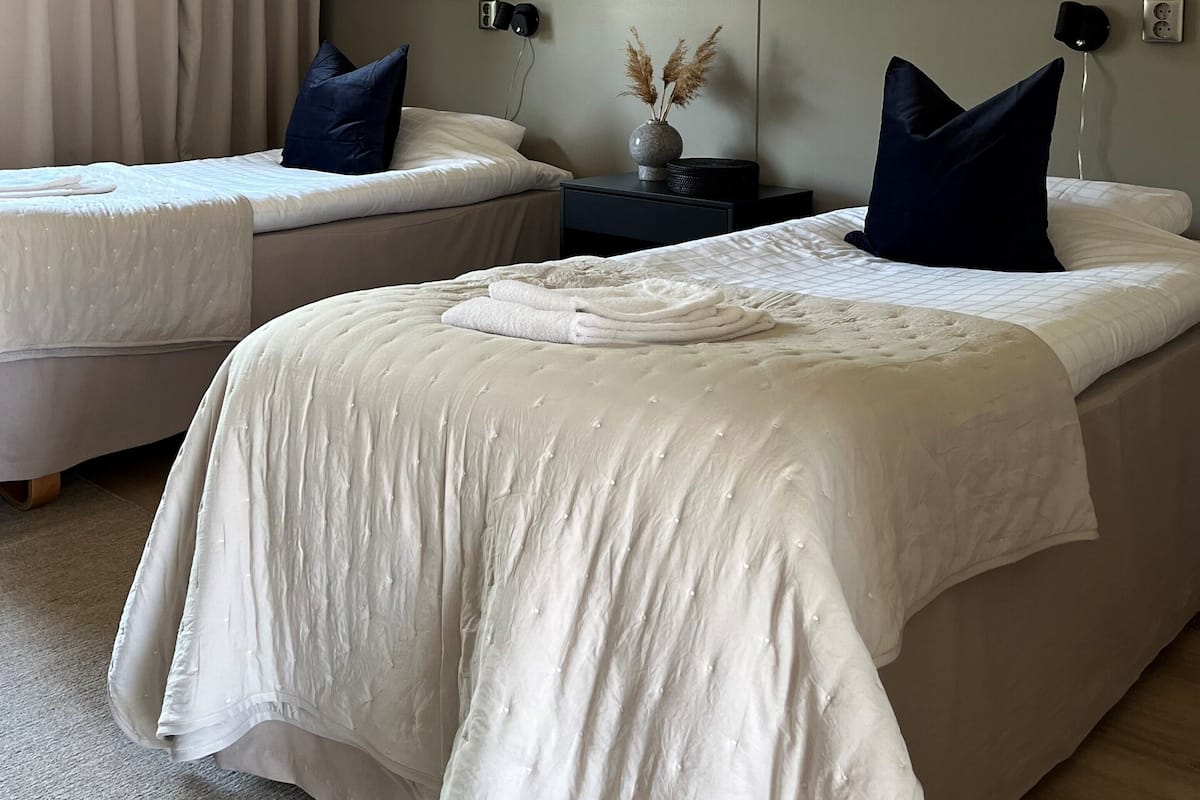 Une chambre d’hôtel avec deux lits, une table de chevet, un vase contenant des plantes séchées et une prise électrique murale.