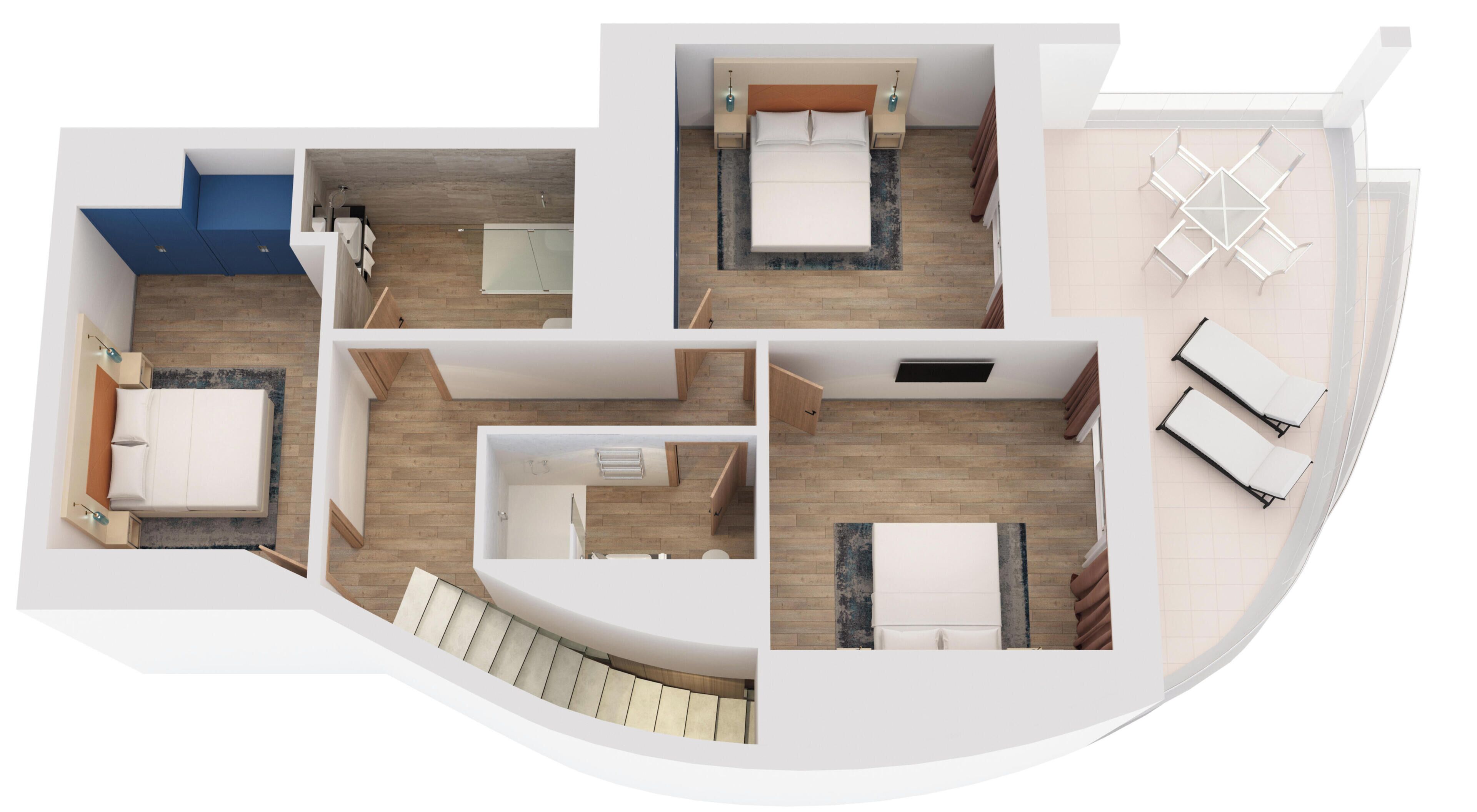Distribución de una habitación de hotel con cama, escritorio, baño y zona de estar.