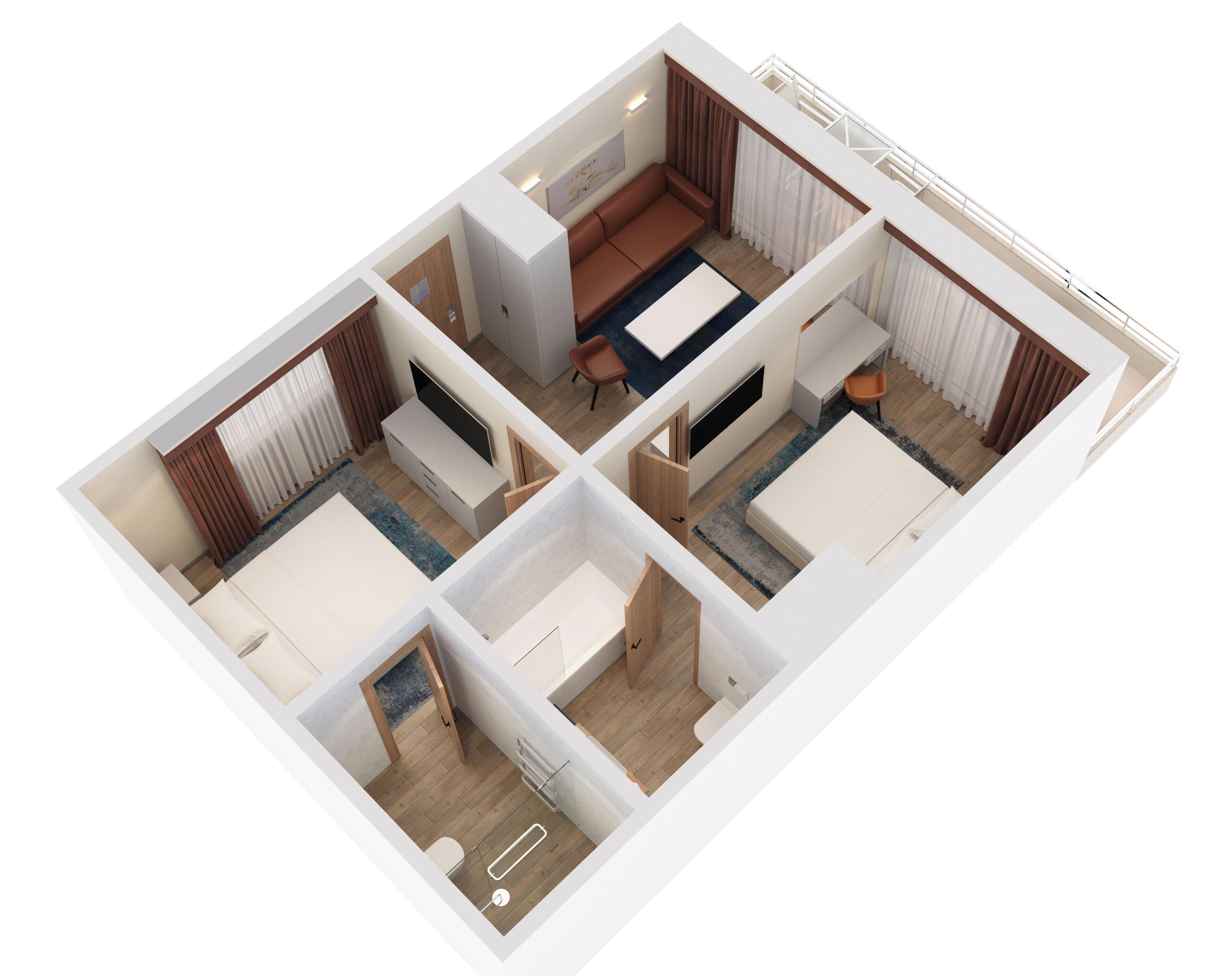 Ein 3D-Grundriss eines Hotelzimmers mit Bett, Sitzecke, Fernseher und einem kleinen Badezimmer.
