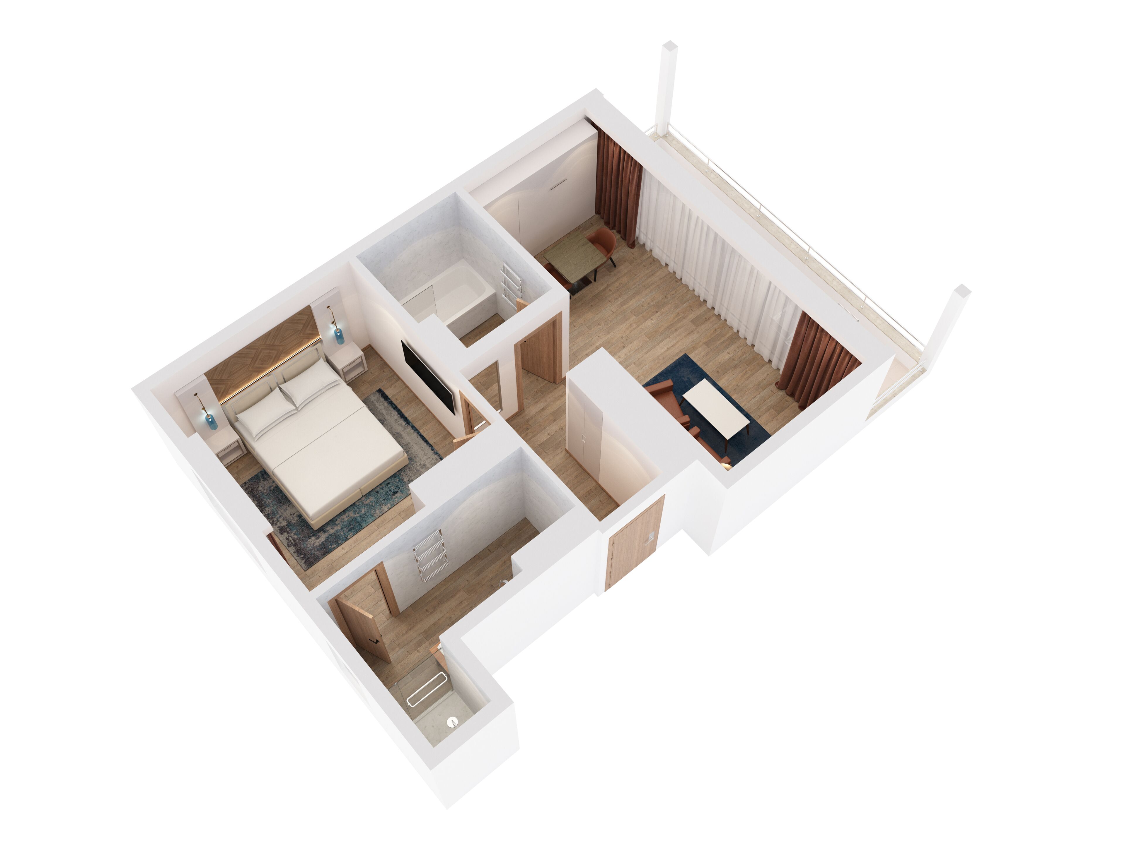 Plano de planta en 3D de un apartamento moderno con dormitorio, baño, sala de estar y cocina.