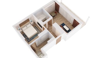 Plano de planta en 3D de un apartamento moderno con dormitorio, baño, sala de estar y cocina.